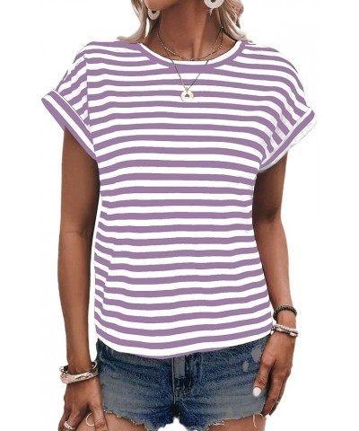 Women's Striped Shirt Back Criss Cross Tops Short Batwing Sleeve Casual Tee Purple White Striped $13.50 T-Shirts