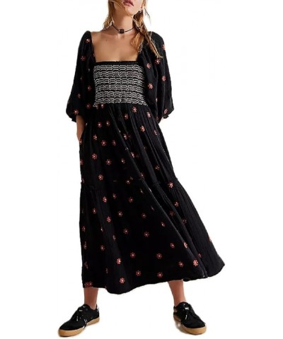 Casual Embroidered Maxi Dress for Women Square Neck Backless Smocked Ruffle Puff Sleeve Dress Summer Sundress B-black $17.27 ...