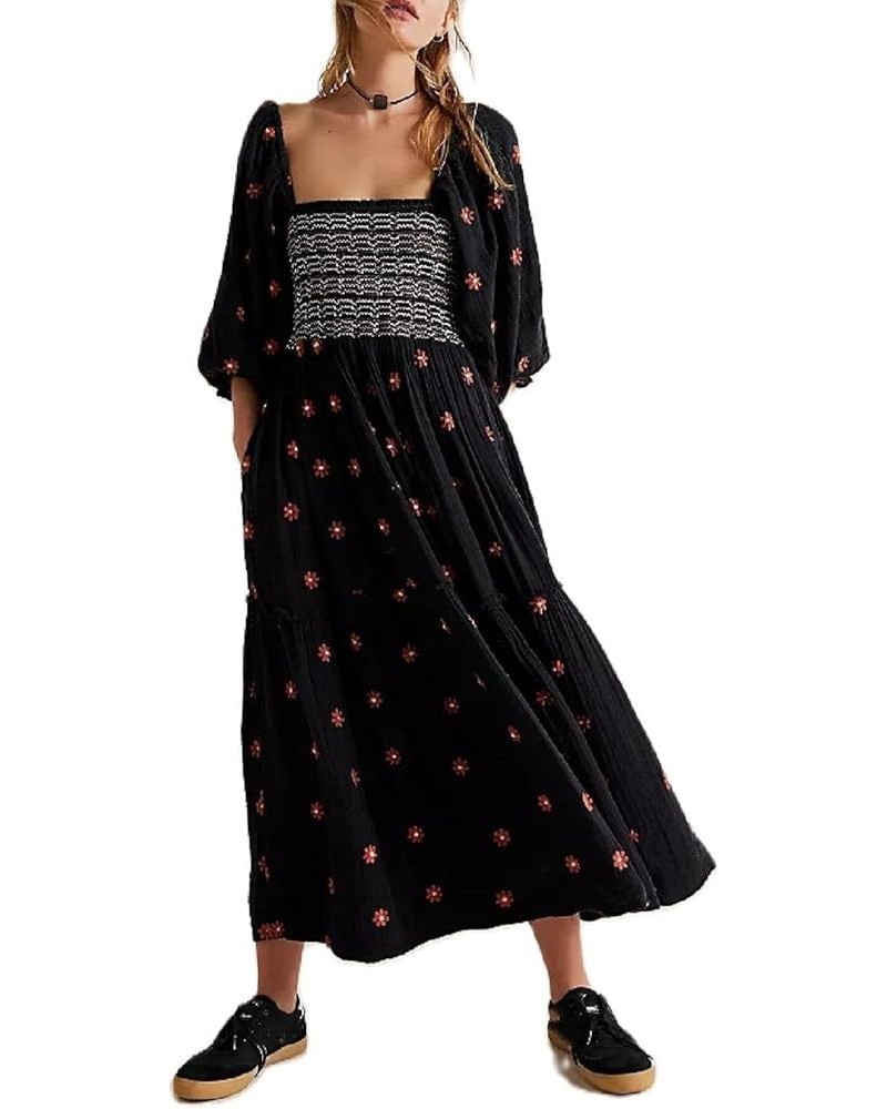 Casual Embroidered Maxi Dress for Women Square Neck Backless Smocked Ruffle Puff Sleeve Dress Summer Sundress B-black $17.27 ...