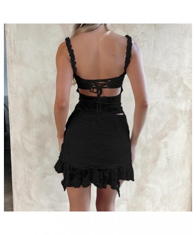 Women's Y2K Two Piece Lace Mini Skirt Set Sexy Sheer Mesh Tube Top Skirt Suit Bodycon Outfits Matching Set Off Shoulder Black...