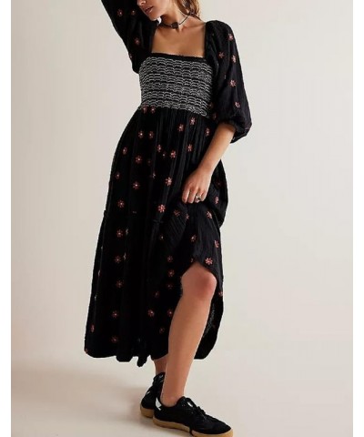 Casual Embroidered Maxi Dress for Women Square Neck Backless Smocked Ruffle Puff Sleeve Dress Summer Sundress B-black $17.27 ...