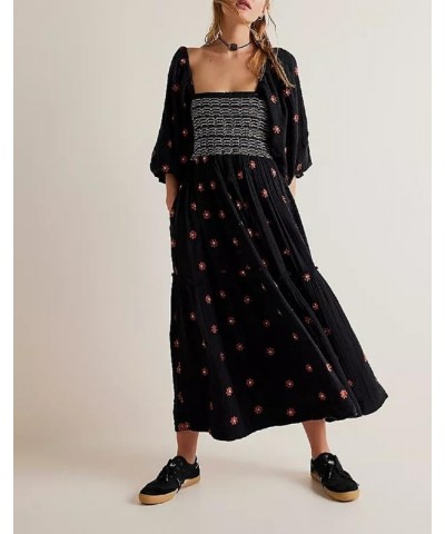 Casual Embroidered Maxi Dress for Women Square Neck Backless Smocked Ruffle Puff Sleeve Dress Summer Sundress B-black $17.27 ...