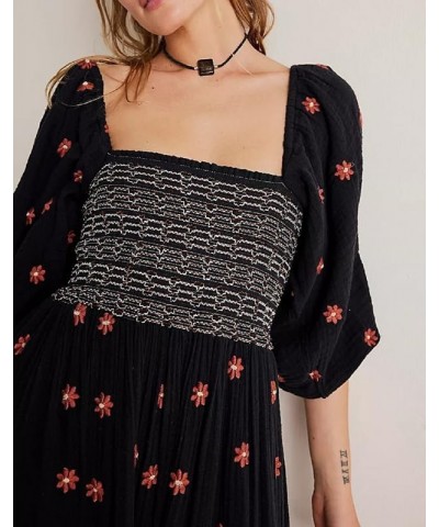 Casual Embroidered Maxi Dress for Women Square Neck Backless Smocked Ruffle Puff Sleeve Dress Summer Sundress B-black $17.27 ...