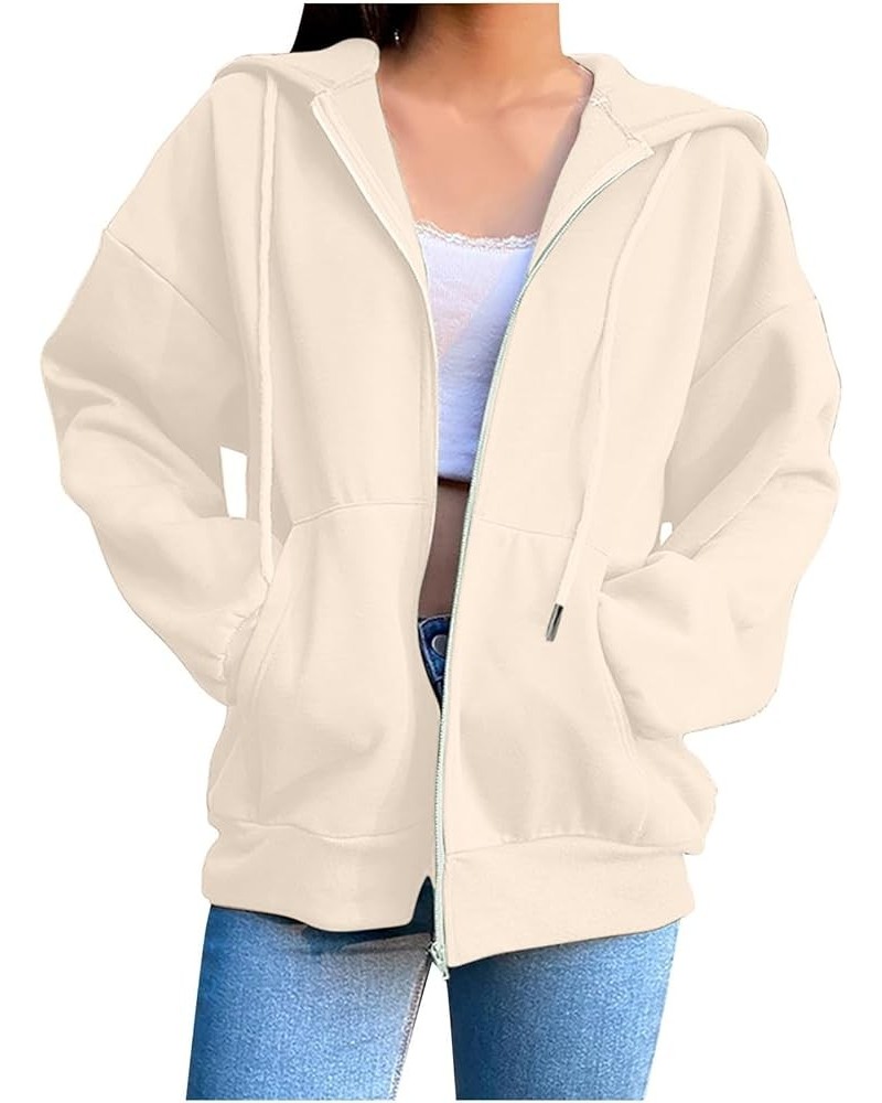 Women's Oversized Long Sleeve Zip Up Hooded Sweatshirts Drawstraing Casual Pullover Fall Fashion Y2K Sweatshirts 01 Beige $10...