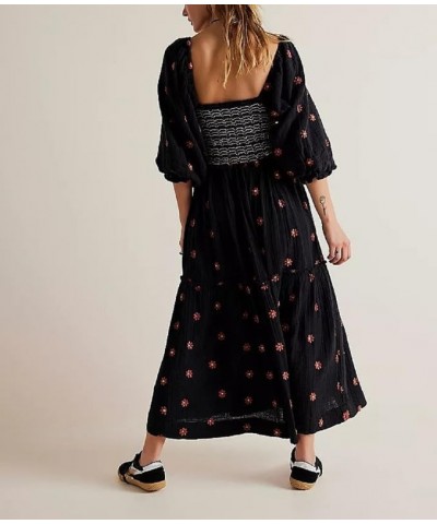 Casual Embroidered Maxi Dress for Women Square Neck Backless Smocked Ruffle Puff Sleeve Dress Summer Sundress B-black $17.27 ...