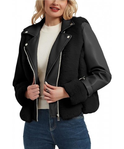 Women's Faux Leather Jacket Moto Biker Sherpa-Lined Coat with Removable Fur Collar Black Lapel $40.49 Coats