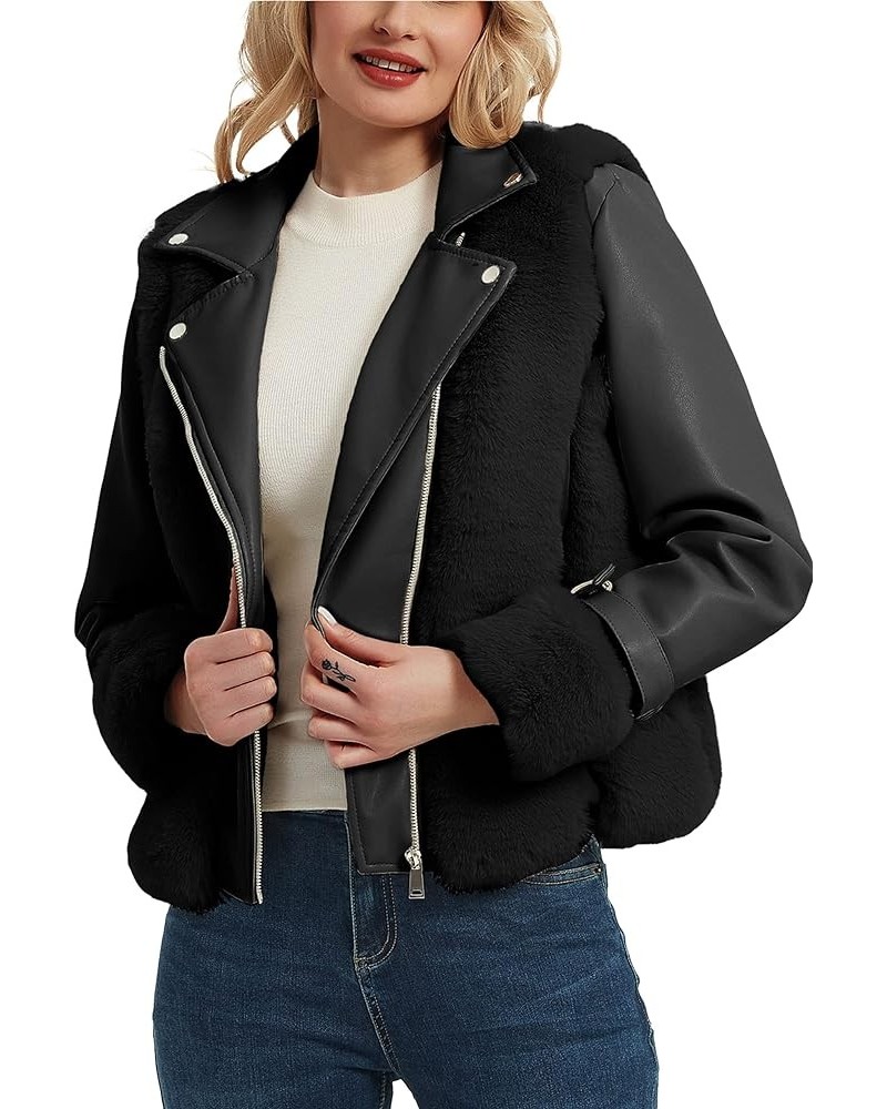 Women's Faux Leather Jacket Moto Biker Sherpa-Lined Coat with Removable Fur Collar Black Lapel $40.49 Coats