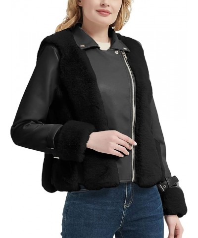 Women's Faux Leather Jacket Moto Biker Sherpa-Lined Coat with Removable Fur Collar Black Lapel $40.49 Coats