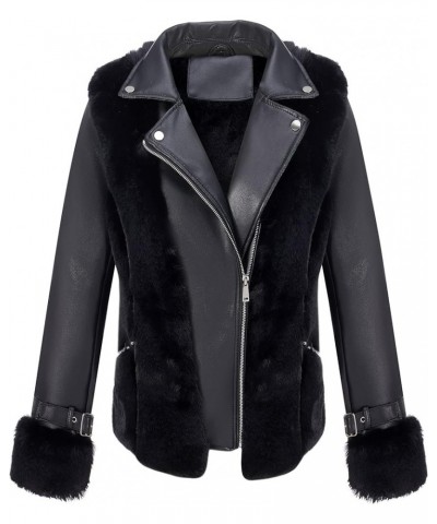 Women's Faux Leather Jacket Moto Biker Sherpa-Lined Coat with Removable Fur Collar Black Lapel $40.49 Coats