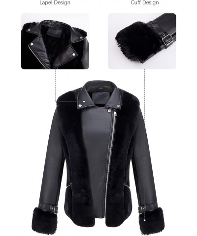 Women's Faux Leather Jacket Moto Biker Sherpa-Lined Coat with Removable Fur Collar Black Lapel $40.49 Coats