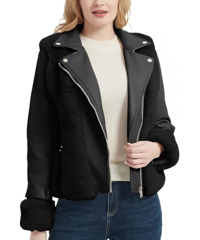 Women's Faux Leather Jacket Moto Biker Sherpa-Lined Coat with Removable Fur Collar Black Lapel $40.49 Coats