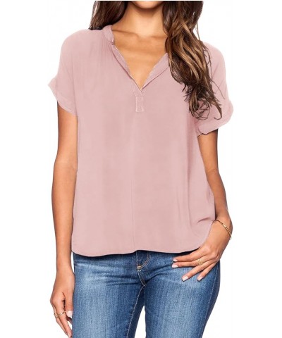 Women Chiffon Blouse V Neck Short Sleeve Top Shirts Light Pink $7.17 Blouses