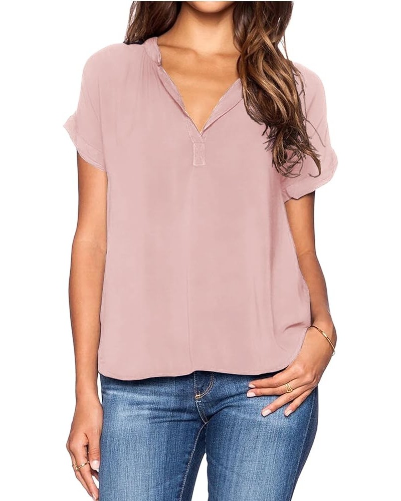 Women Chiffon Blouse V Neck Short Sleeve Top Shirts Light Pink $7.17 Blouses