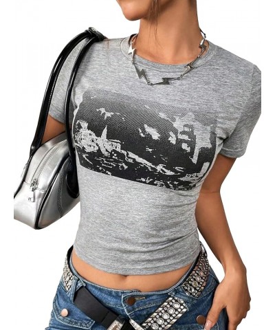 Women's Graphic Print Short Sleeve Crop Tee Tops Round Neck Summer Crop Tops Grey $12.74 T-Shirts