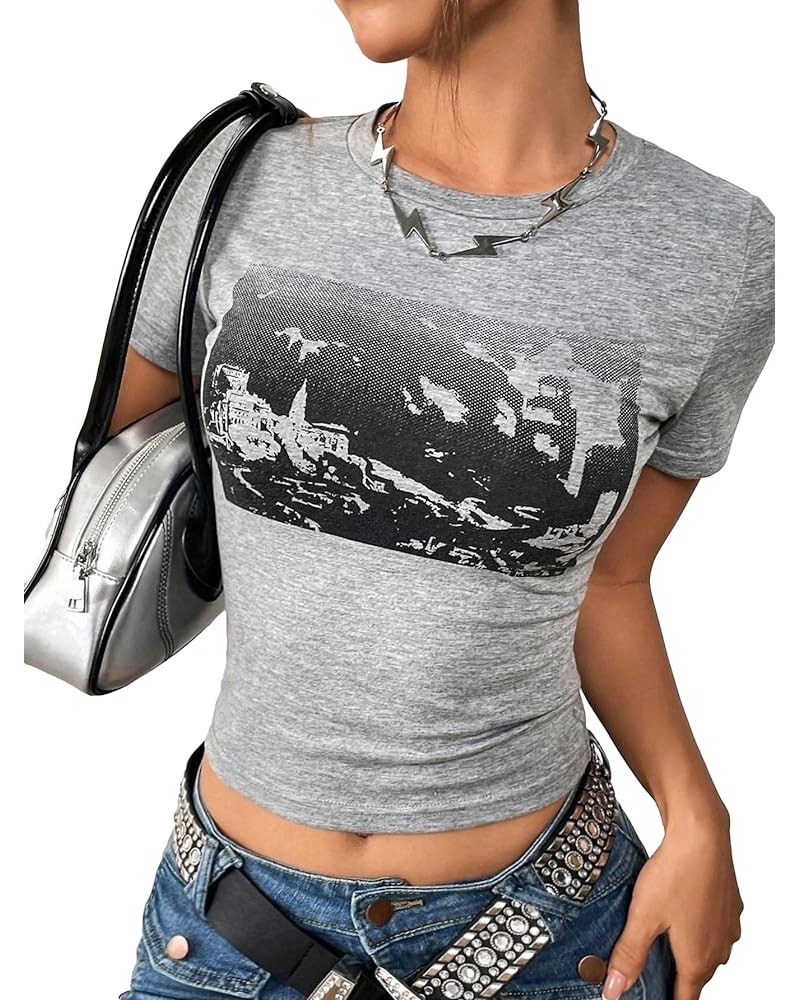 Women's Graphic Print Short Sleeve Crop Tee Tops Round Neck Summer Crop Tops Grey $12.74 T-Shirts