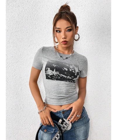 Women's Graphic Print Short Sleeve Crop Tee Tops Round Neck Summer Crop Tops Grey $12.74 T-Shirts