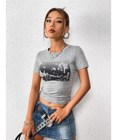 Women's Graphic Print Short Sleeve Crop Tee Tops Round Neck Summer Crop Tops Grey $12.74 T-Shirts