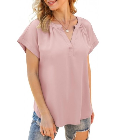 Women Chiffon Blouse V Neck Short Sleeve Top Shirts Light Pink $7.17 Blouses