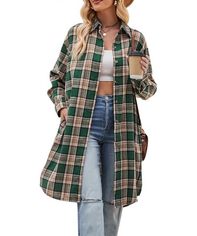 Oversized Mid Long Plaid Flannel Shirts for Women Lapel Long Sleeve Check Blouse with Pockets 01 Green $12.10 Blouses