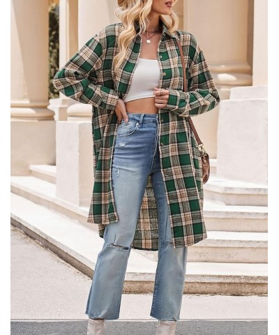 Oversized Mid Long Plaid Flannel Shirts for Women Lapel Long Sleeve Check Blouse with Pockets 01 Green $12.10 Blouses