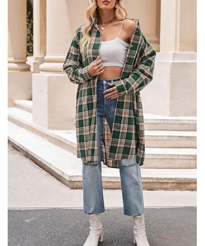 Oversized Mid Long Plaid Flannel Shirts for Women Lapel Long Sleeve Check Blouse with Pockets 01 Green $12.10 Blouses