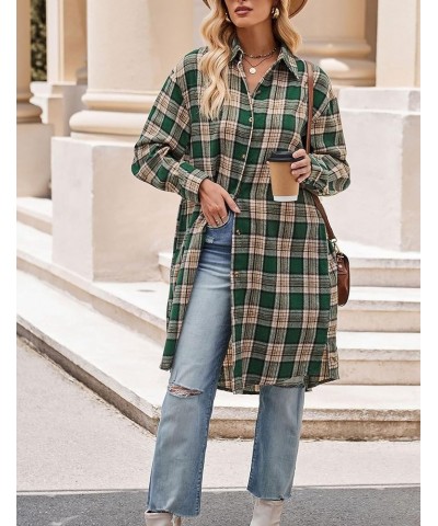 Oversized Mid Long Plaid Flannel Shirts for Women Lapel Long Sleeve Check Blouse with Pockets 01 Green $12.10 Blouses