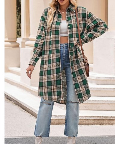 Oversized Mid Long Plaid Flannel Shirts for Women Lapel Long Sleeve Check Blouse with Pockets 01 Green $12.10 Blouses