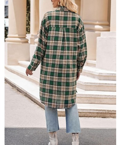 Oversized Mid Long Plaid Flannel Shirts for Women Lapel Long Sleeve Check Blouse with Pockets 01 Green $12.10 Blouses