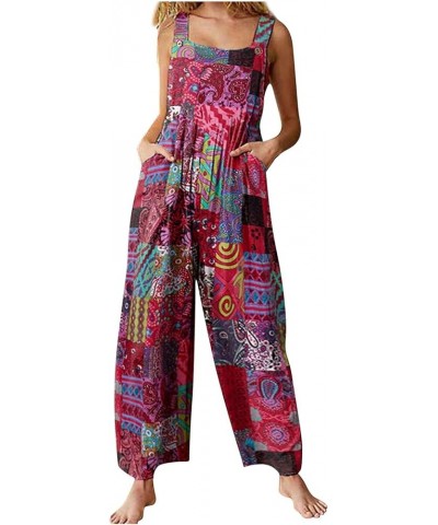 One Piece Jumpsuits for Women Patchwork Vintage Print Romper Buttons Suspender Overalls Wide Leg Jumpsuit Pockets Purple $6.9...