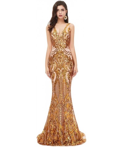 Women's V-Neck Sequins Sleeveless Lace-up Mermaid Evening Dress Gold $57.02 Dresses