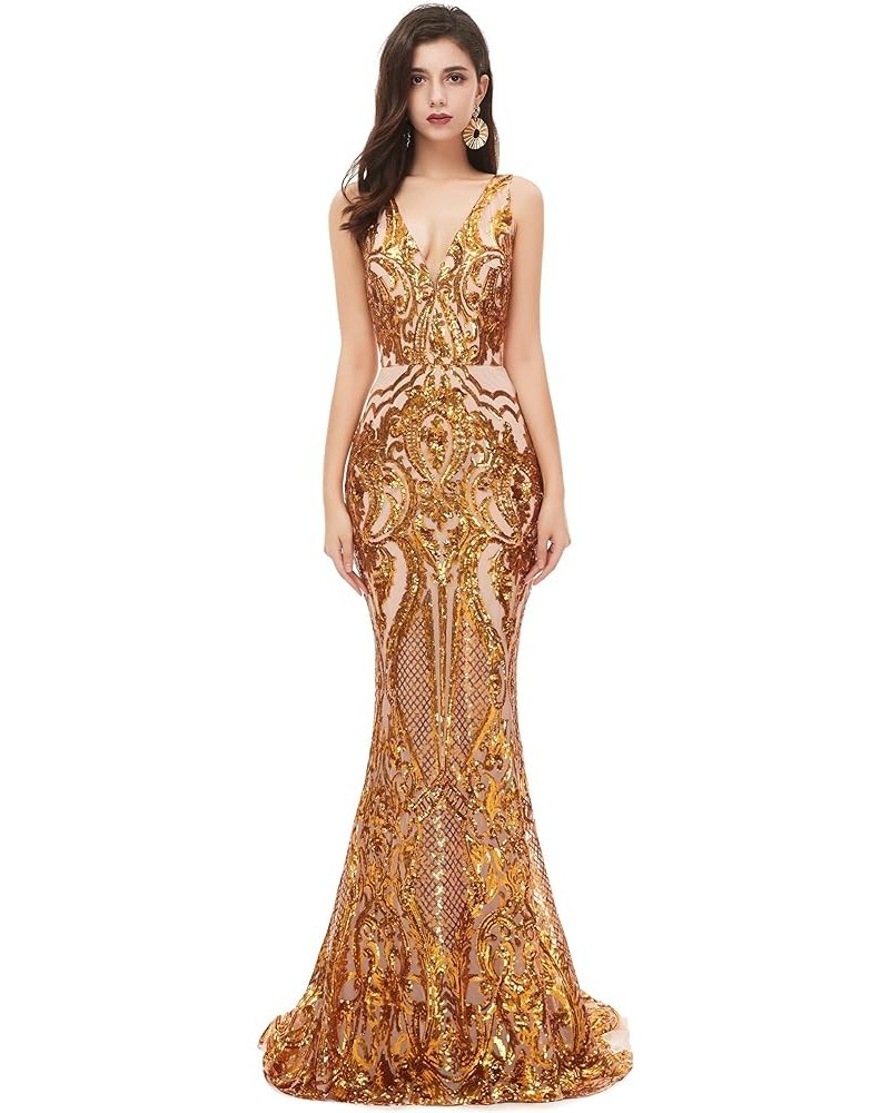 Women's V-Neck Sequins Sleeveless Lace-up Mermaid Evening Dress Gold $57.02 Dresses