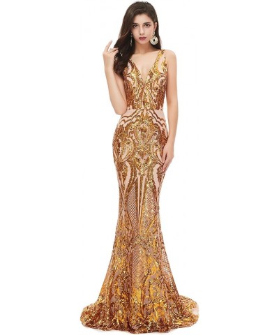 Women's V-Neck Sequins Sleeveless Lace-up Mermaid Evening Dress Gold $57.02 Dresses