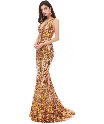 Women's V-Neck Sequins Sleeveless Lace-up Mermaid Evening Dress Gold $57.02 Dresses