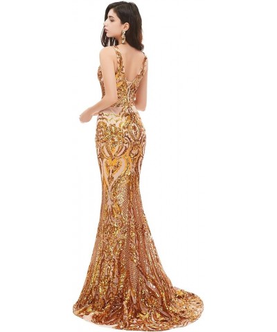 Women's V-Neck Sequins Sleeveless Lace-up Mermaid Evening Dress Gold $57.02 Dresses