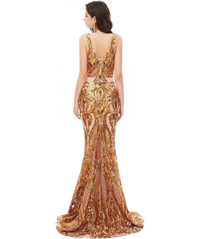 Women's V-Neck Sequins Sleeveless Lace-up Mermaid Evening Dress Gold $57.02 Dresses