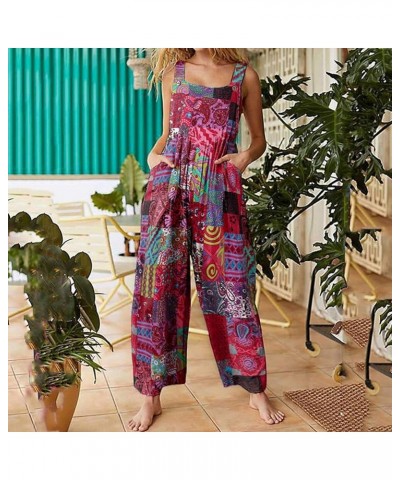 One Piece Jumpsuits for Women Patchwork Vintage Print Romper Buttons Suspender Overalls Wide Leg Jumpsuit Pockets Purple $6.9...