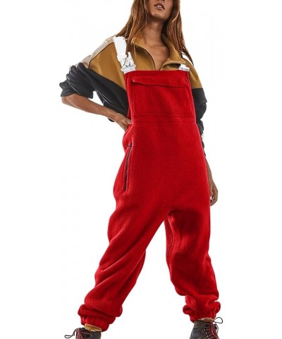 Womens Fleece Overalls Winter Warm One-Piece Bibs Ski Pants Casual Adjustable Strap Sleeveless Loose Jumpsuits Pocket A2-red ...