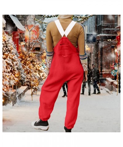 Womens Fleece Overalls Winter Warm One-Piece Bibs Ski Pants Casual Adjustable Strap Sleeveless Loose Jumpsuits Pocket A2-red ...