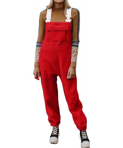 Womens Fleece Overalls Winter Warm One-Piece Bibs Ski Pants Casual Adjustable Strap Sleeveless Loose Jumpsuits Pocket A2-red ...