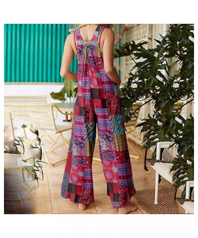 One Piece Jumpsuits for Women Patchwork Vintage Print Romper Buttons Suspender Overalls Wide Leg Jumpsuit Pockets Purple $6.9...