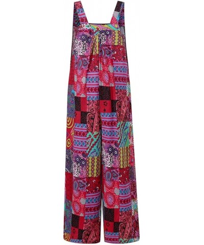 One Piece Jumpsuits for Women Patchwork Vintage Print Romper Buttons Suspender Overalls Wide Leg Jumpsuit Pockets Purple $6.9...