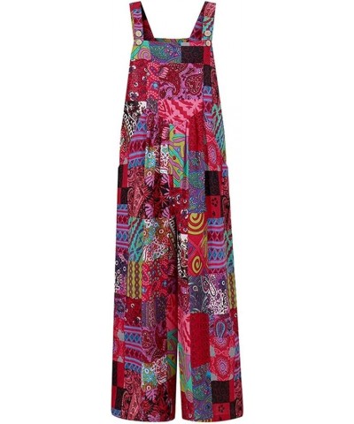 One Piece Jumpsuits for Women Patchwork Vintage Print Romper Buttons Suspender Overalls Wide Leg Jumpsuit Pockets Purple $6.9...