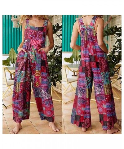 One Piece Jumpsuits for Women Patchwork Vintage Print Romper Buttons Suspender Overalls Wide Leg Jumpsuit Pockets Purple $6.9...