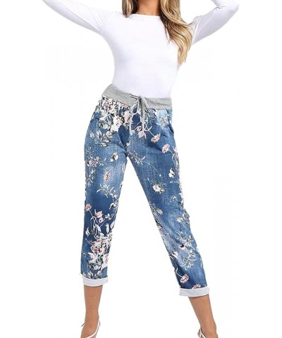 Women's Italian Active Yoga Floral Printed Jogging Pants Turn Up Jogger Hoop Trouser Dark Denim Floral $9.61 Pants