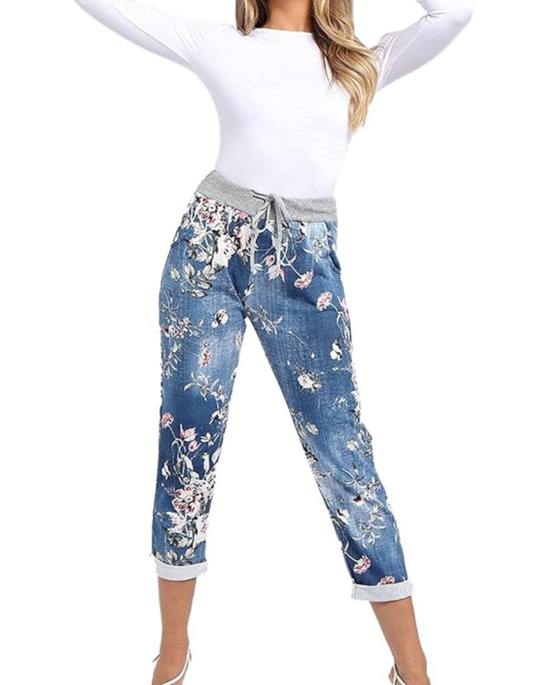 Women's Italian Active Yoga Floral Printed Jogging Pants Turn Up Jogger Hoop Trouser Dark Denim Floral $9.61 Pants