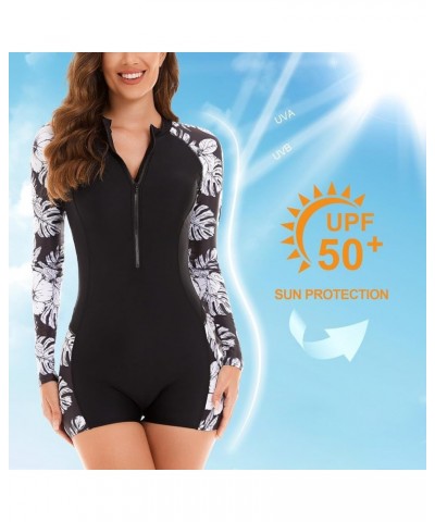 Long Sleeve Swimsuits for Women One Piece Bathing Suit Rash Guard Swimsuit Surfing Wetsuit Swimwear Boyshort UPF 50+ 0-0-blac...