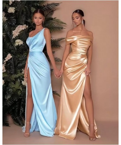 Mermaid Satin Bridesmaid Dresses Long Prom Dresses for Women with Slit Off Shoulder Long Evening Formal Gown Royal Blue $24.2...