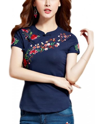 Women Chinese Traditional Floral Embroidered Blouse Top Short Sleeves Frog Buttons Slim Fit Cheongsam Shirt Navy Blue $16.79 ...