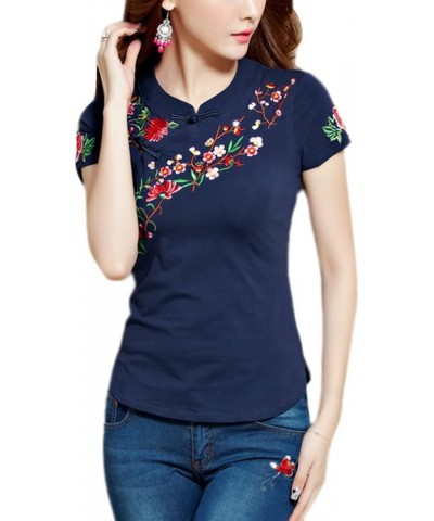 Women Chinese Traditional Floral Embroidered Blouse Top Short Sleeves Frog Buttons Slim Fit Cheongsam Shirt Navy Blue $16.79 ...