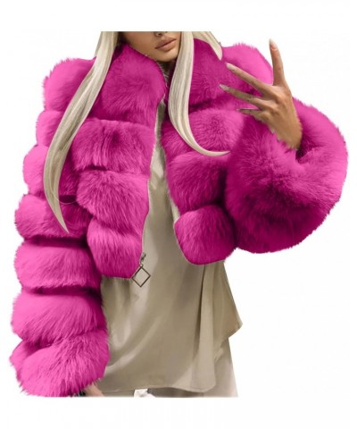 Womens Faux Fur Coat Jacket Solid Long Sleeve Shaggy Jacket Warm Winter Long Sleeve Crop Tops Lapel Zipper Outwear Hot Pink $...